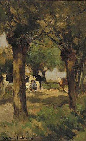 Jan Hendrik Weissenbruch Milking cows underneath the willows oil painting picture